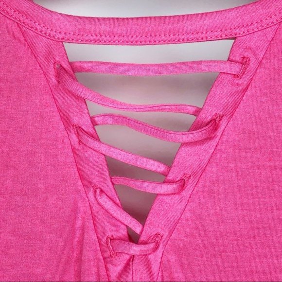 RBX Active Short Sleeve T-shirt Hot Pink Lace-Up Cut-Out Athleisure Top - Picture 3 of 6